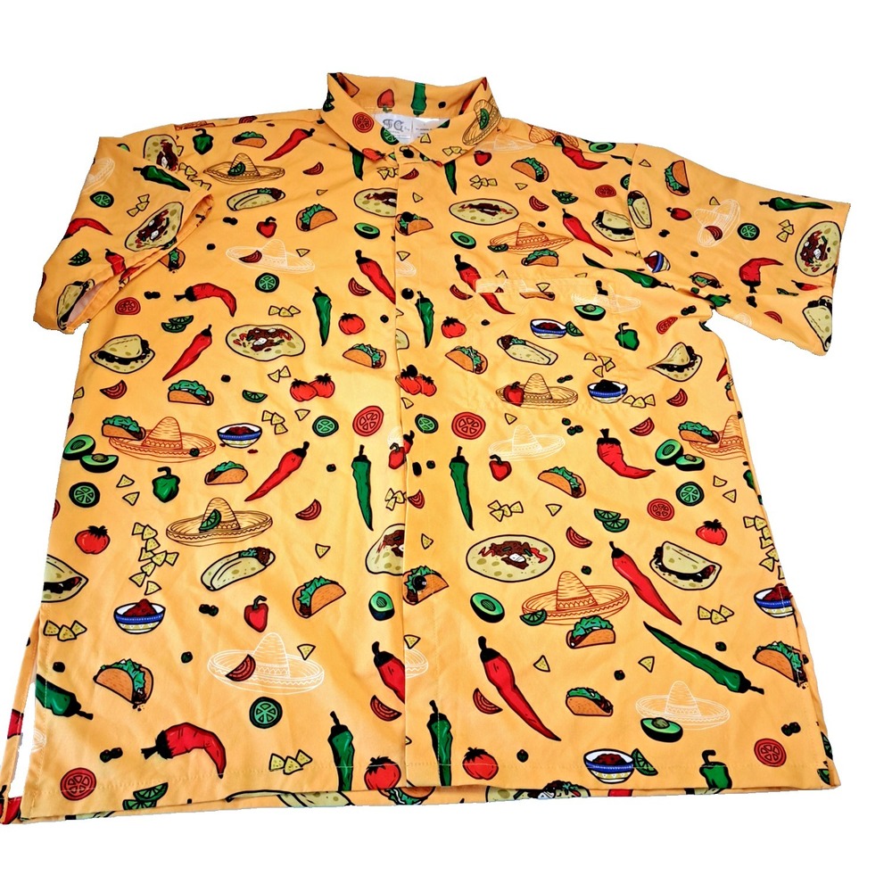 FG Funny Guy Taco Button Down Shirt Men's L Chili Pepper Food All Over Print Fun